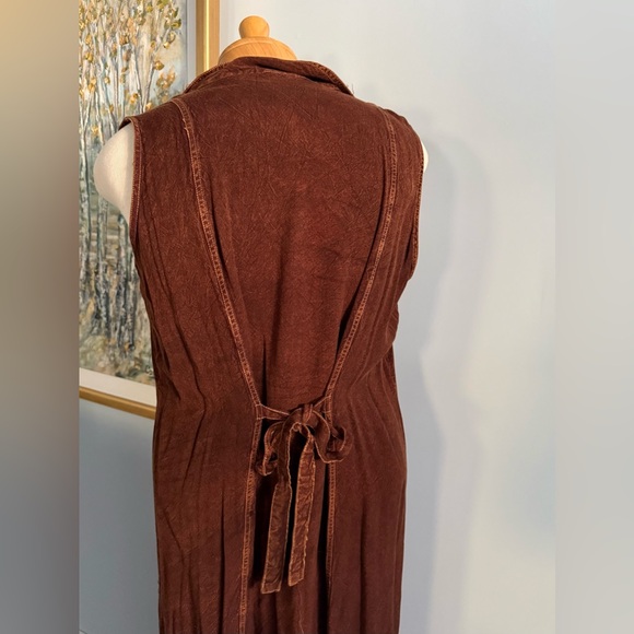Vintage Brown Embroidered Button-Front Maxi Dress | Boho Tie Back - Picture 4 of 5